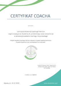 Akademia JA - Certyfikat z dopiskiem certifikat coacha od Akademii Coachingu.